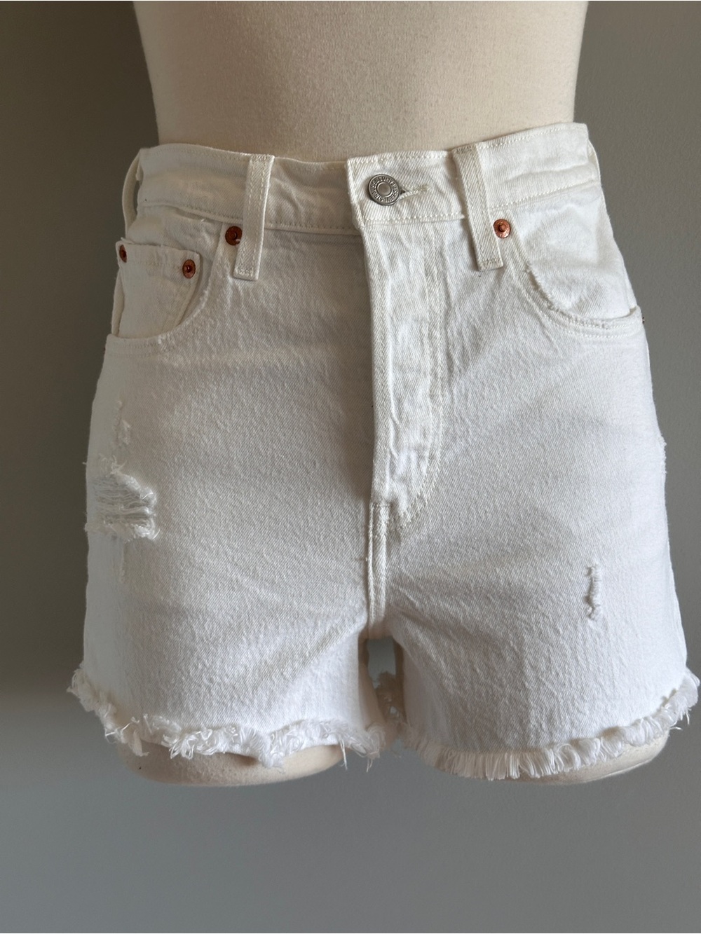 Levi's White Distressed High-Rise Denim Shorts